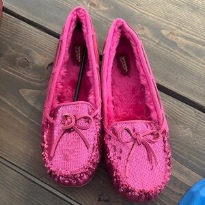Pink Sequin Moccasin Slippers